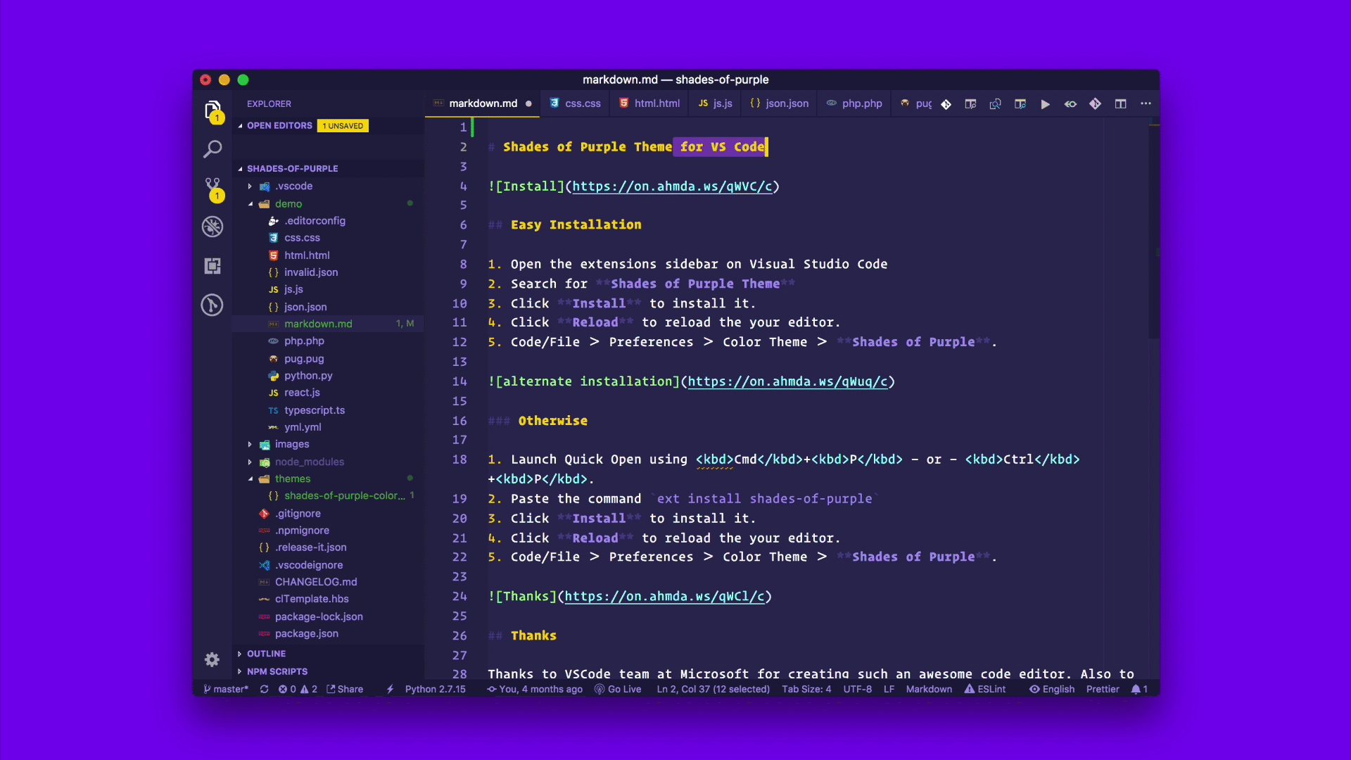 Shades of Purple theme vscode đẹp nhất